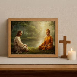 Señor Buda meditando con Jesucristo, Jesús meditando junto con Buda, Impresión religiosa, Dios es uno, Impresión, Lienzo