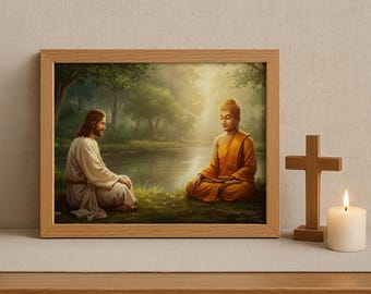 Lord Buddha meditating with Jesus Christ, Jesus meditating along with Buddha, Religious Print, God is one, Print, Canvas