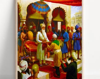 May include: A framed painting depicting a religious ceremony. The artwork features figures in traditional attire, with a central figure in white robes. The scene is set in a detailed architectural setting with vibrant colors and ornate details.