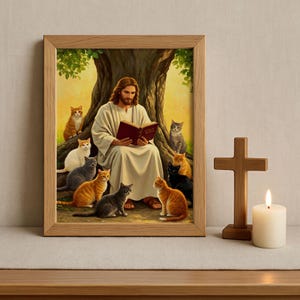 Christian Art, Jesus reading to Cats, Jesus Christ with Cats, Bible Art, Jesus Christ Painting, Jesus Christ, Jesus will save you