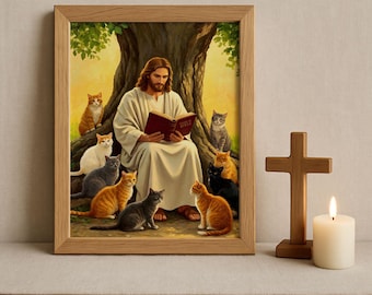 Christian Art, Jesus reading to Cats, Jesus Christ with Cats, Bible Art, Jesus Christ Painting, Jesus Christ, Jesus will save you