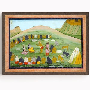 Hanuman återupplivar Rama och Lakshmana | Ramayana hinduisk väggkonst | Sanjeevani-scen miniatyrmålning | Andlig dekor, affisch, kanvas
