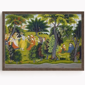 Krishna with Gopis, Krishna, Krishna painting, Krishna Art, Vintage Art, Indian God, Poster Print, Canvas