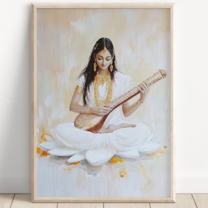 Saraswati, Goddess Saraswati, Goddess of Knowledge, Saraswati Art, Hindu Goddess, Hindu God Wall Art, Indian Goddess, Poster Print, Canvas