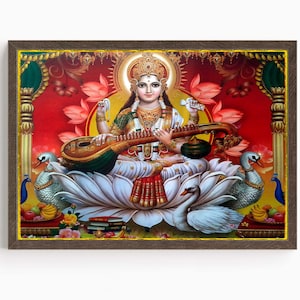Saraswati, Goddess Saraswati, Goddess of Knowledge, Saraswati Art, Hindu Goddess, Hindu God Wall Art, Indian Goddess, Poster Print, Canvas