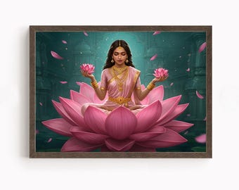 Lakshmi, Bogini Bogactwa, Bogini Lakshmi, Hinduska Bogini Ścienna Sztuka, Hinduski Bóg, Indyjski Bóg, Plakat Wydruk, Płótno