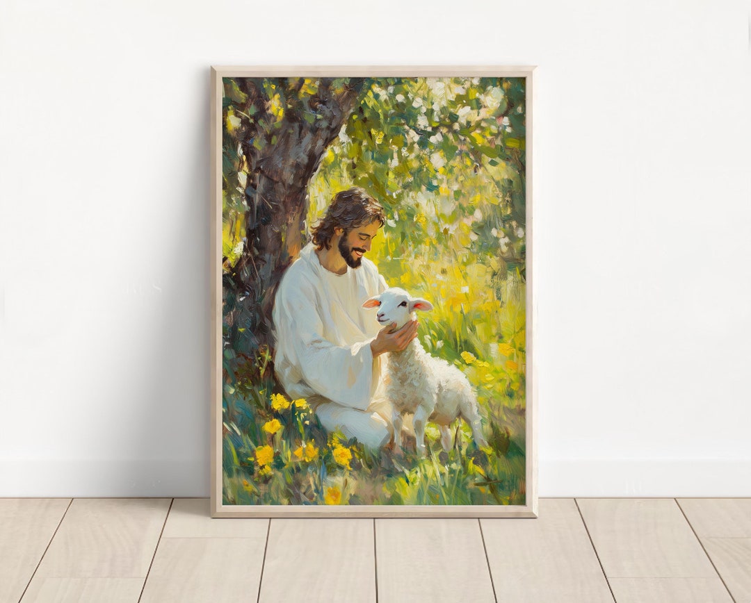 Affiche Toile Jésus Et La Brebis Perdue - Art Chrétien Minimaliste - Toile Encadrée Prête à Accrocher - Personnalisable
