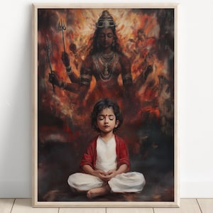 Durga, Boy meditating, Goddess Durga, Durga Art, Durga Painting, Hindu Goddess Wall Art, Tiger Goddess, Indian God, Poster Print, Canvas