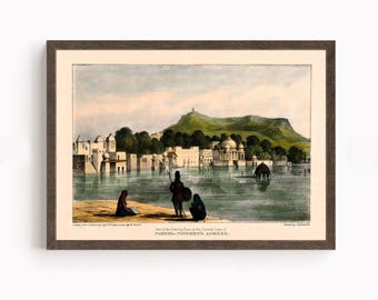 Pushkar Ghats Rajasthan Poster | Sacred Lake Ajmer Heritage Print | Hindu Pilgrimage Artwork | Vintage Indian Temple Wall Decor | Canvas