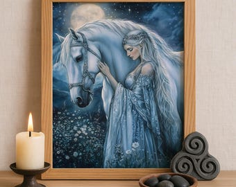 Rhiannon Celtic Goddess Wall Art, Welsh Mythology Print, Goddess of Horses and Enchantment, Celtic Tonalism Decor, Feminine Pagan Artwork