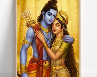 Ram e Sita Art, Lord Rama e Sita, Arte murale di divinità indù, Ram, Rama e Sita, Dio indiano, Stampa poster, Stampa su tela
