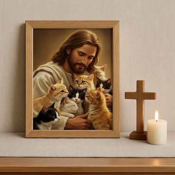 #22 猫 ドローイング 猫のイエス様 キリスト教美術、猫を抱きしめるイエス、猫とイエス・キリスト、聖書