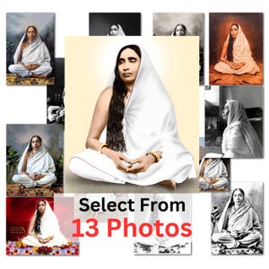 Puede incluir: Un collage de 13 fotos que muestran a una mujer en varias poses, usando un sari blanco. Las fotos están en blanco y negro y en color. El texto "Select From 13 Photos" se muestra en rojo.