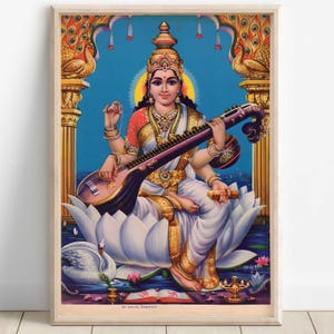 Saraswati, Goddess Saraswati, Goddess of Knowledge, Saraswati Art, Hindu Goddess, Hindu God Wall Art, Indian Goddess, Poster Print, Canvas