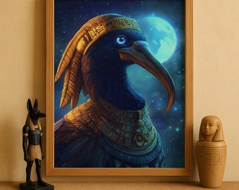 Stampa del dio egizio Thoth, arte murale di Thoth, decorazione della mitologia egizia antica, opera d'arte del dio della saggezza e della scrittura, stampa d'arte egizia