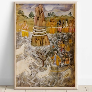 Indischer Gott Wandbild, OCEAN MANTHAN 1598 BC, Gemälde des Ozeans, Vintage Art, indischer Gott, Posterdruck, Leinwanddruck