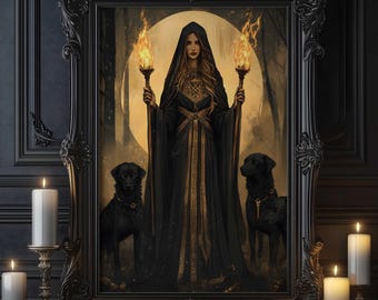 May include: A framed artwork depicts a robed figure holding torches, flanked by two black dogs. The figure stands before a moonlit forest. The artwork is in a black ornate frame, with lit candles in the foreground.