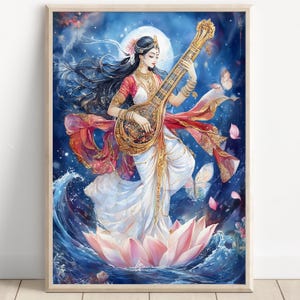 Saraswati, Goddess Saraswati, Goddess of Knowledge, Saraswati Art, Hindu Goddess, Hindu God Wall Art, Indian Goddess, Poster Print, Canvas