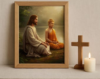 Lord Buddha meditating with Jesus Christ, Jesus meditating along with Buddha, Religious Print, God is one, Print, Canvas