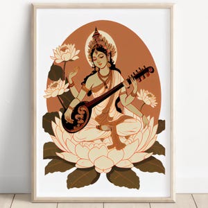 Saraswati, Goddess Saraswati, Goddess of Knowledge, Saraswati Art, Hindu Goddess, Hindu God Wall Art, Indian Goddess, Poster Print, Canvas