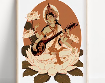 Saraswati, Goddess Saraswati, Goddess of Knowledge, Saraswati Art, Hindu Goddess, Hindu God Wall Art, Indian Goddess, Poster Print, Canvas