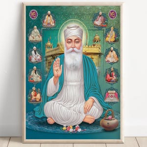 Sikh Art | Guru Nanak Dev | Sikh Gurus | All in one Frame | Religious Art | Vintage Art Painting | Print | Canvas