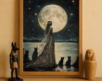 Egyptian Goddess Bastet Print, Bastet Cat Goddess Wall Art, Ancient Egyptian Mythology Decor, Mystical Feline Goddess Artwork, Egyptian Art