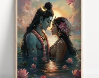 Shiva and Parvati, Shiv Shakti, God Shiva, Parvati, Shiv Parvati, Hindu God, Shiv Art, Shiva Wall Art, Shiv Painting, Poster Print, Canvas