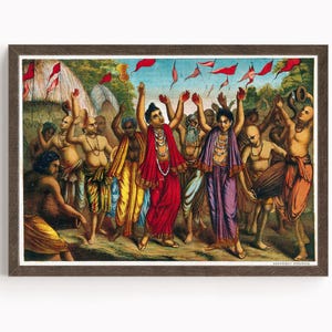 Devotees of Krishna and followers of Sri Caitanya, dancing with drums, flags and narsingh horn, Krishna, Krishna painting, Lord Krishna