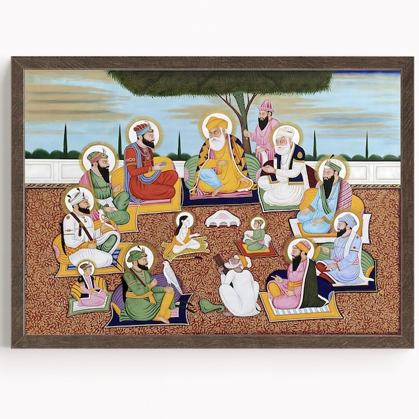 Sikh Art | The Ten Holy Sikh Gurus with Guru Nanak Dev at Center | Sikh Gurus | Religious Art | Vintage Art painting | Print | Canvas