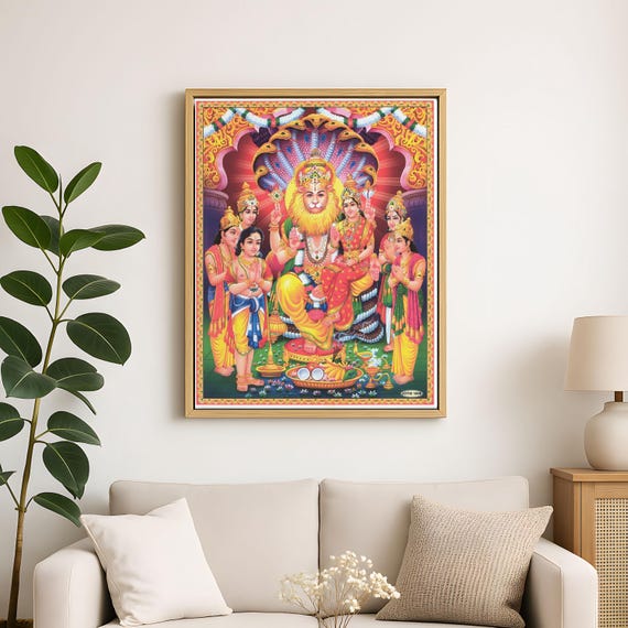 Art N Store Lord Narsingh Con Sheshnaag Poster Incorniciato, Religioso, Cornice Sintetica Marrone, 30x23,5 Cm