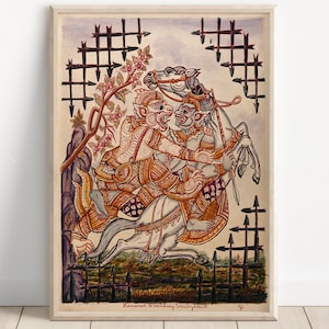 A scene from the Ramayana Hanuman catching Virunyananti , Thai painting, Lord Hanuman, Ram, Lakshman, Ramayan