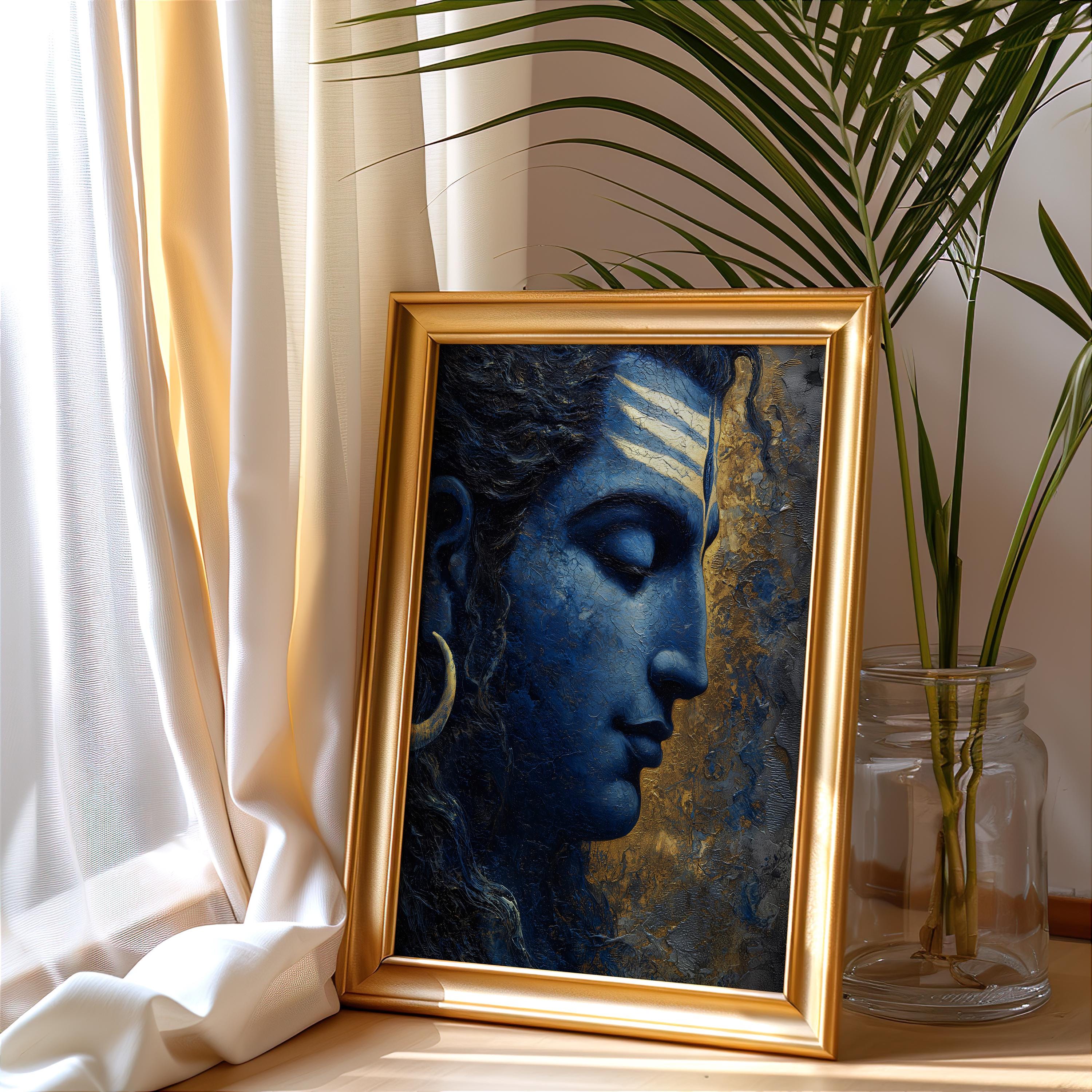 Lord Shiva Wall Art Mahadev Portrait Hindu God Painting Blue Gold ...