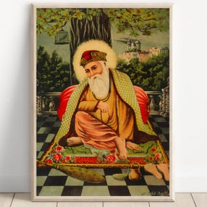 Sikh Art | Guru Nanak Dev | First Sikh Guru from 1469 to 1539 | Raja Ravi Varma |  Vintage Art Painting | Religious Art | Print | Canvas
