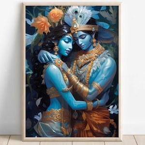 Krishna Kunst, Krishna und Radha, Radha Krishna, Krishna Malerei, Hindu Gott, Hindu Gott Wandkunst, Indischer Gott, Poster Druck, Leinwand