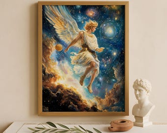 Arte mural de Hermes, dios de los mensajeros, el comercio y los ladrones, póster de dioses griegos, decoración de dioses griegos, arte mural de dioses griegos, arte del dios griego Hermes