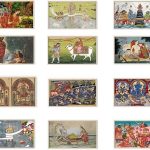 Op de afbeelding: Een verzameling van 12 ingelijste schilderijen die sc&egrave;nes uit de hindoe&iuml;stische mythologie uitbeelden. De schilderijen zijn kleurrijk en gedetailleerd, met ingewikkelde ontwerpen en figuren. De schilderijen zijn tegen een witte achtergrond geplaatst.