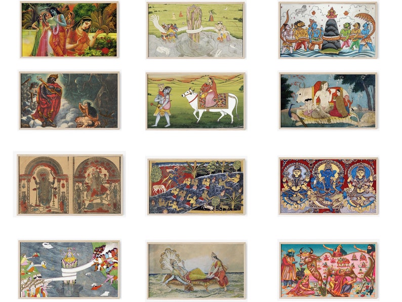 Op de afbeelding: Een verzameling van 12 ingelijste schilderijen die sc&egrave;nes uit de hindoe&iuml;stische mythologie uitbeelden. De schilderijen zijn kleurrijk en gedetailleerd, met ingewikkelde ontwerpen en figuren. De schilderijen zijn tegen een witte achtergrond geplaatst.