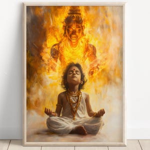 Hanuman, Child Meditating in the Protection of Hanuman, Hanuman Art, Hindu God,  Hindu God Wall Art, Indian God, Canvas Print, Poster Print