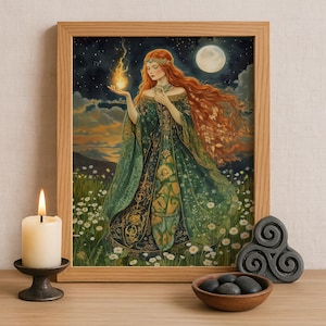 Brigid Celtic Goddess Wall Art, Irish Mythology Print, Goddess of Fire and Forge, Celtic Tonalism Decor, Sacred Feminine Pagan Artwork