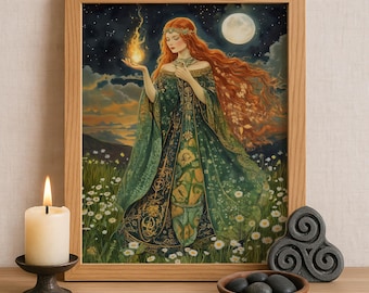 Brigid Celtic Goddess Wall Art, Irish Mythology Print, Goddess of Fire and Forge, Celtic Tonalism Decor, Sacred Feminine Pagan Artwork