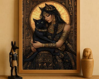 Egyptian Goddess Bastet Print, Bastet Cat Goddess Wall Art, Ancient Egyptian Mythology Decor, Mystical Feline Goddess Artwork, Egyptian Art