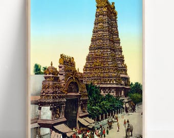 Meenakshi Temple Gopuram Poster | Madurai South Indian Heritage Print | Hindu Sacred Architecture | Vintage Spiritual Wall Art | Canvas