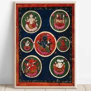 Vishnu and Lakshmi in the central circle surrounded by images of other deities, Shiva and Parvati, Mahadevi and Ganesha, Poster , Canvas