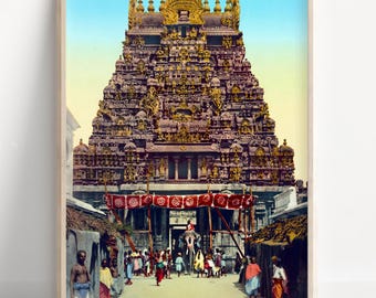Meenakshi Temple Madurai Poster | South Indian Gopuram Wall Art | Hindu Heritage Architecture Print | Vintage Indian Decor | Canvas