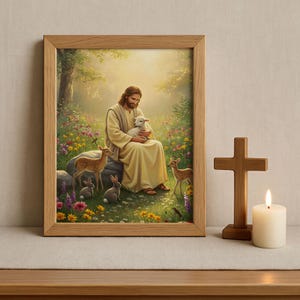 Christian Wall Art, Jesus with Animals, Jesus Christ in Jungle, Jesus and Sheep, Bible Art, Jesus Christ, Jesus will save you