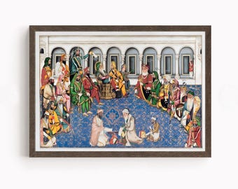 Sikh kunst | Hof van Sher-e Punjab Maharadja Ranjit Singh | Maharadja Ranjit Singh| Vintage kunstschilderij | Afdrukken | Canvas
