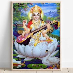 Saraswati, Goddess Saraswati, Goddess of Knowledge, Saraswati Art, Hindu Goddess, Hindu God Wall Art, Indian Goddess, Poster Print, Canvas