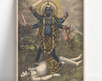 ヤムナー　ヒマラヤの女神　ヒンドゥー教の女神：　タンカ　仏画（額縁なし） ヒンドゥー教の女神カーリー・マーのモダンプリント（15インチ×20