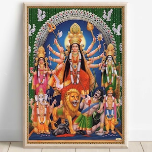 Durga, maa durga, Saraswati, Lakshmi, Ganesh, Kartikeya, Durga Art, Durga Painting, Hindu Goddess Wall Art, Indian God, Poster Print, Canvas